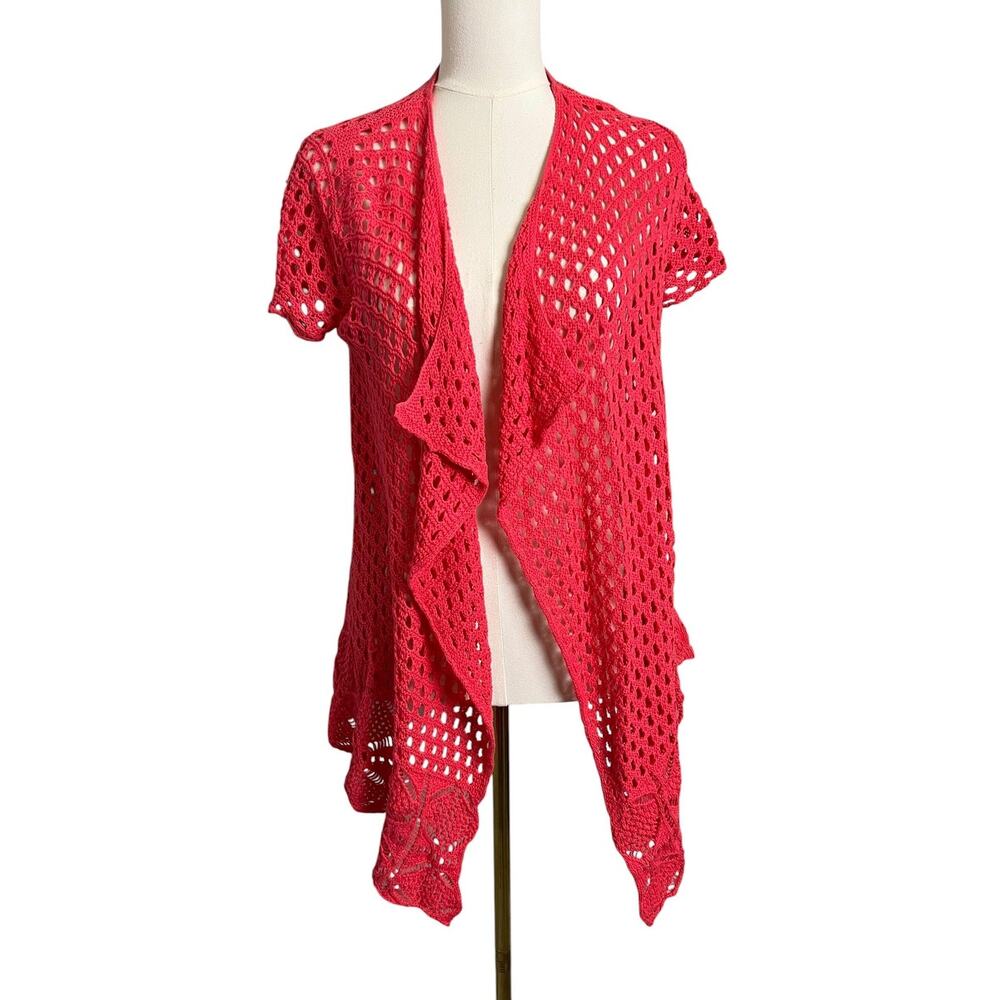 Jeanne Pierre Cardigan Sweater Womens Small Pink Crochet Open Front Ruffle Hem